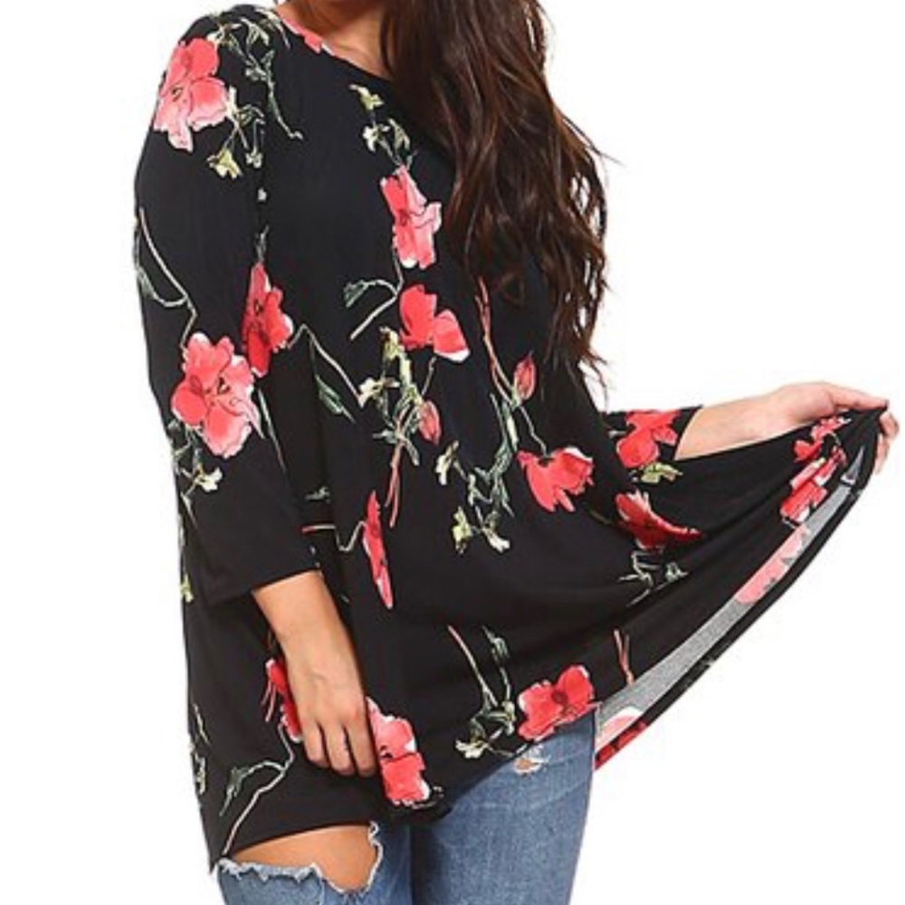 Black Floral Swing Tunic Floral Print Coral Flowers, Black Size S NWOT